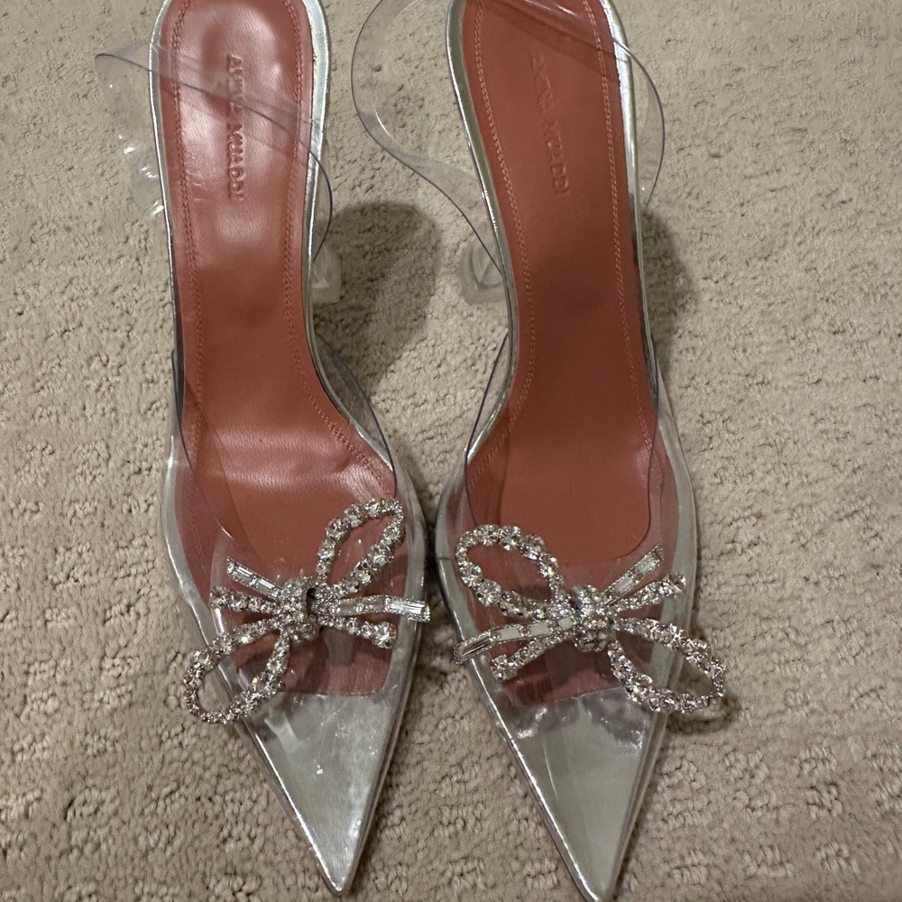 Amina Muaddi Silver Heels with Crystal Bow